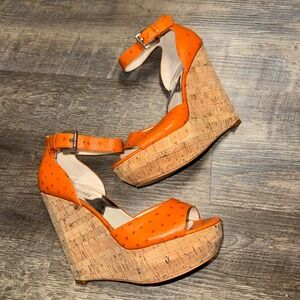 Michael Kors Ariana Ostrich Cork Wedge Sandals Orange Leather Womens 8.5M